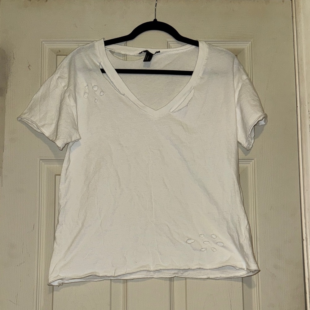 Forever 21 White Distressed V-Neck Tee